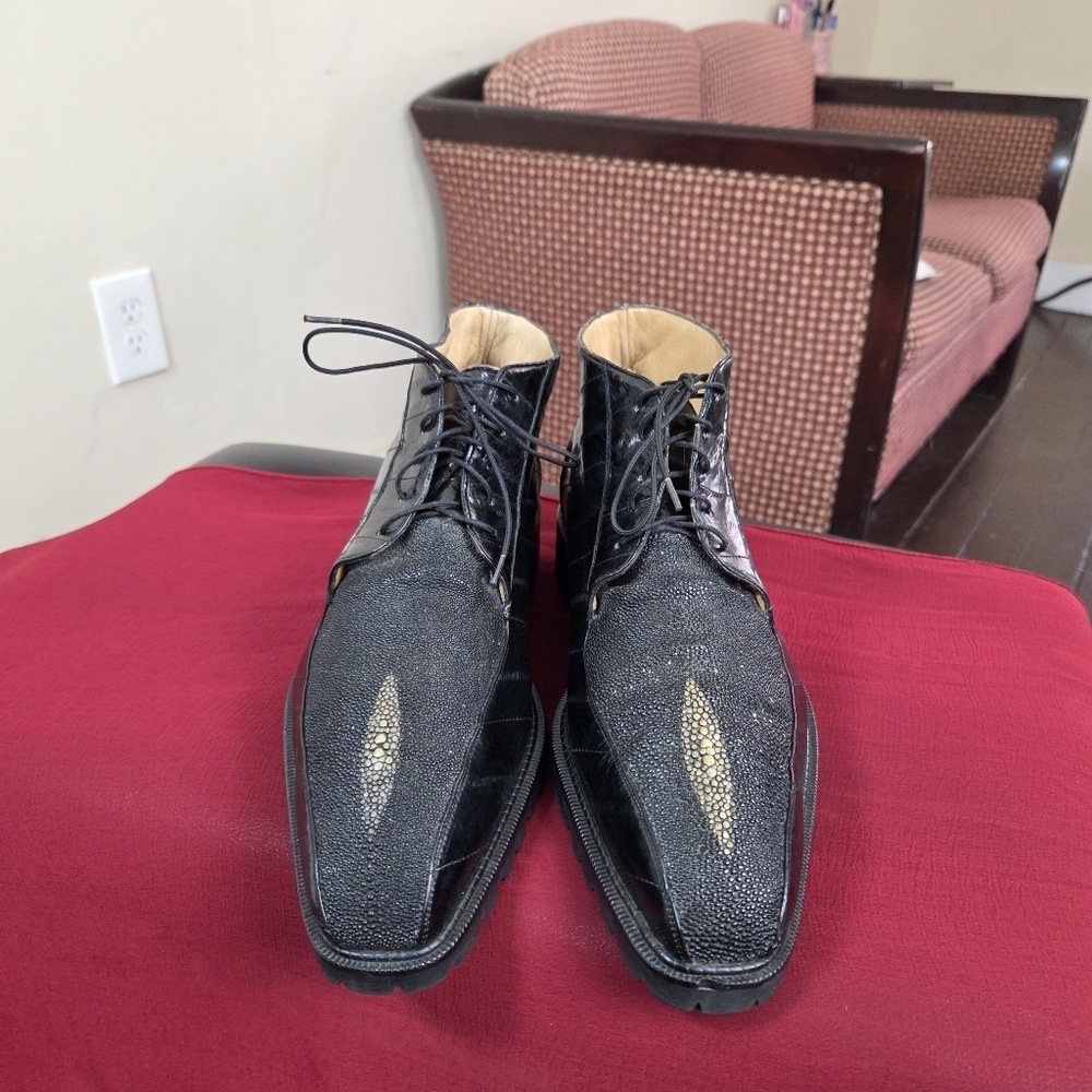 Belvedere Black‎ Stingray & Leather Ankle Boots Men’s Luxury Lace-Up Size 9 D